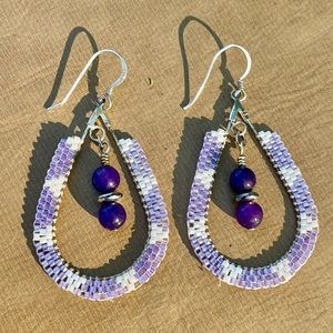 Cahuilla Indian Hand Beaded Purple/White Sterling Silver 925 Hoop Earrings